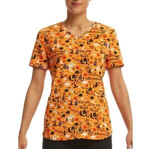 Women's "Pumpkin Palooza" V-Neck Print Scrub Short Sleeve Top Shirt Size M